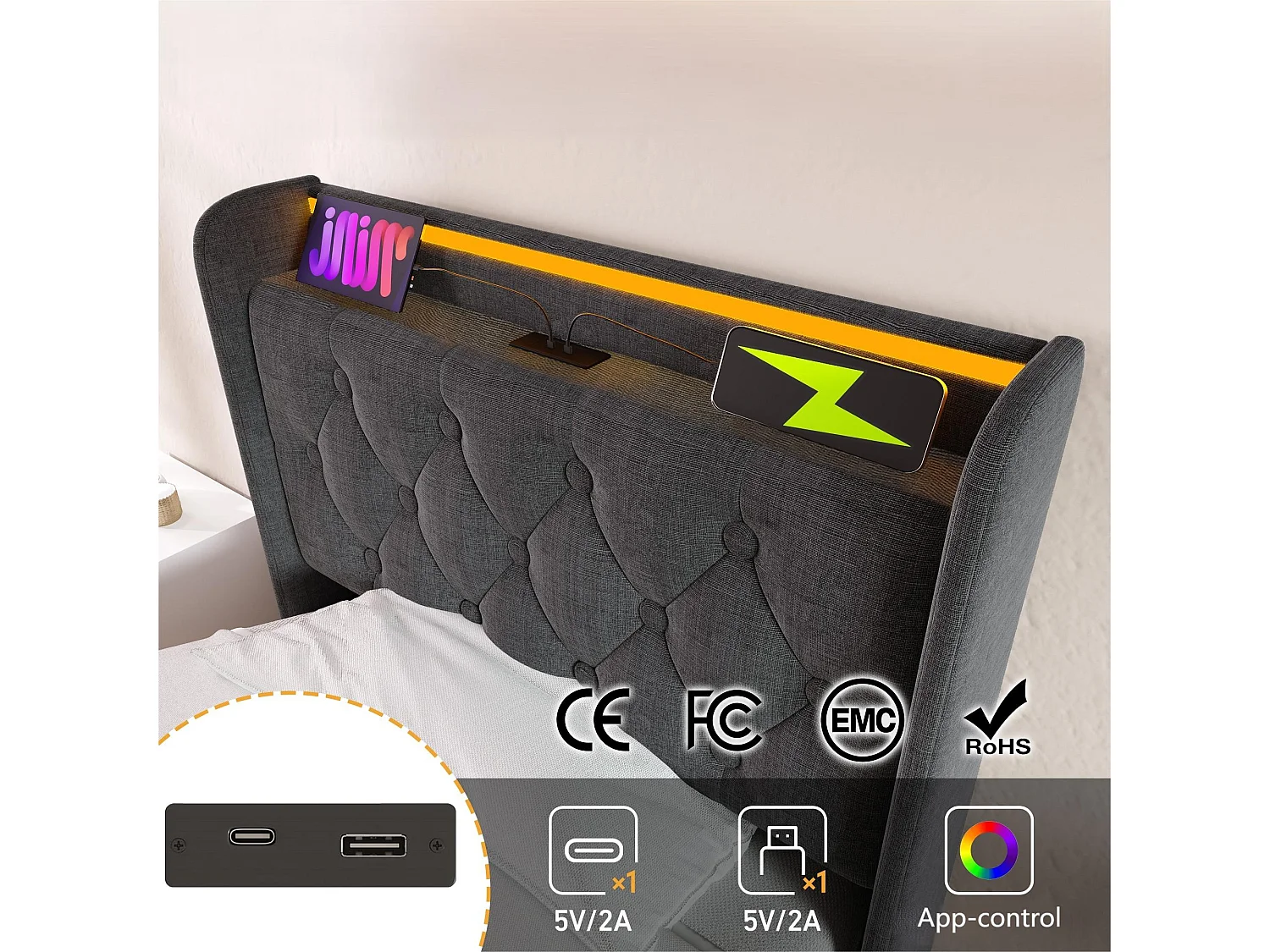 90 x 200 cm großes Bett mit Stauraum aus Leinen – mit LED und USB- und Typ-C-Anschlüssen – Grau