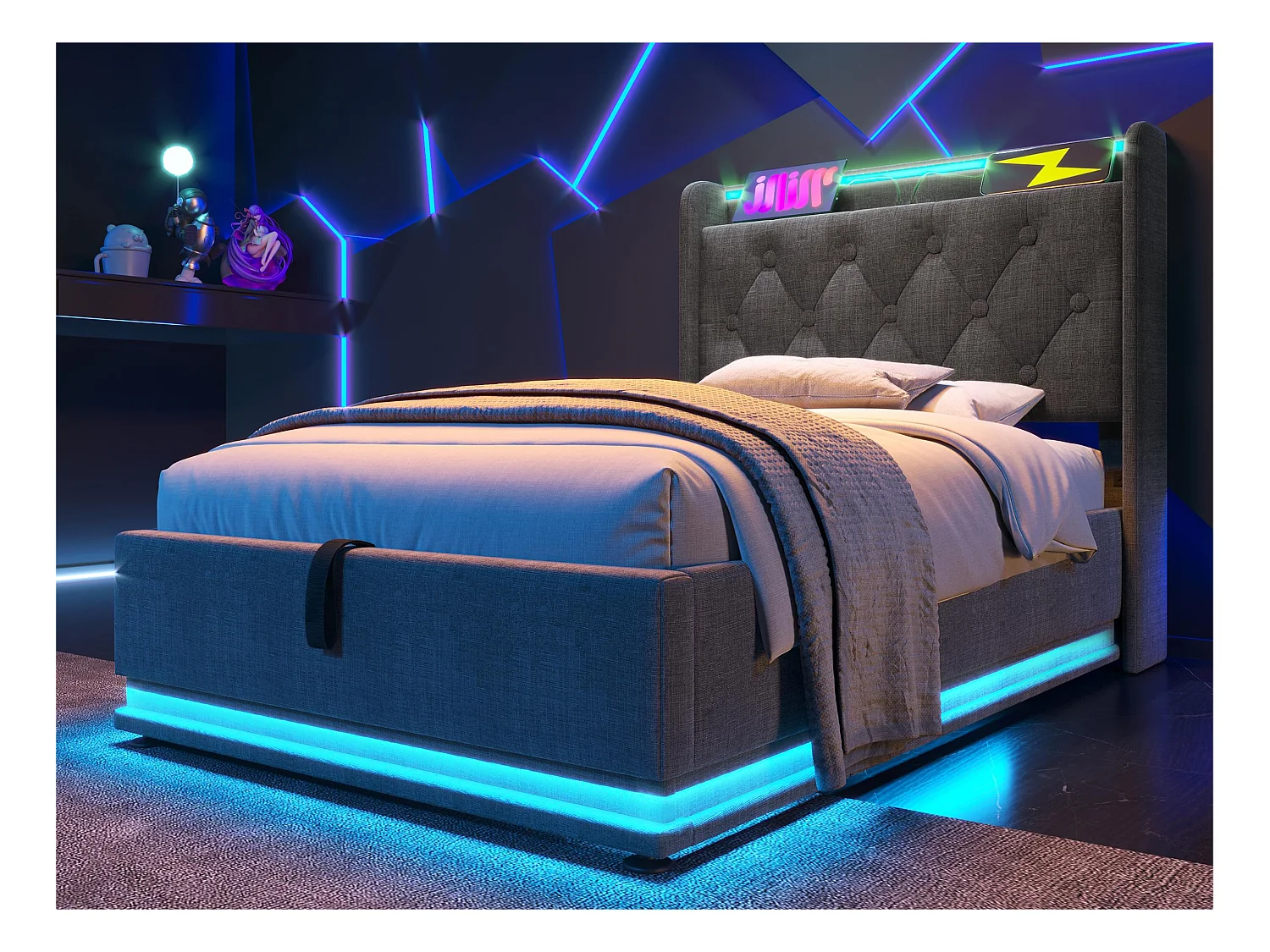 Lit coffre 90x200cm en lin - avec LED et prises USB & Type-C - Gris