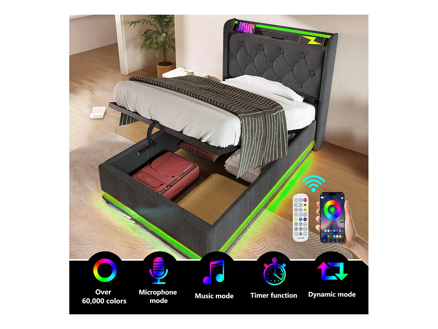 Cama canapé de lino de 90x200 cm - con LED y enchufes USB y tipo C - Gris