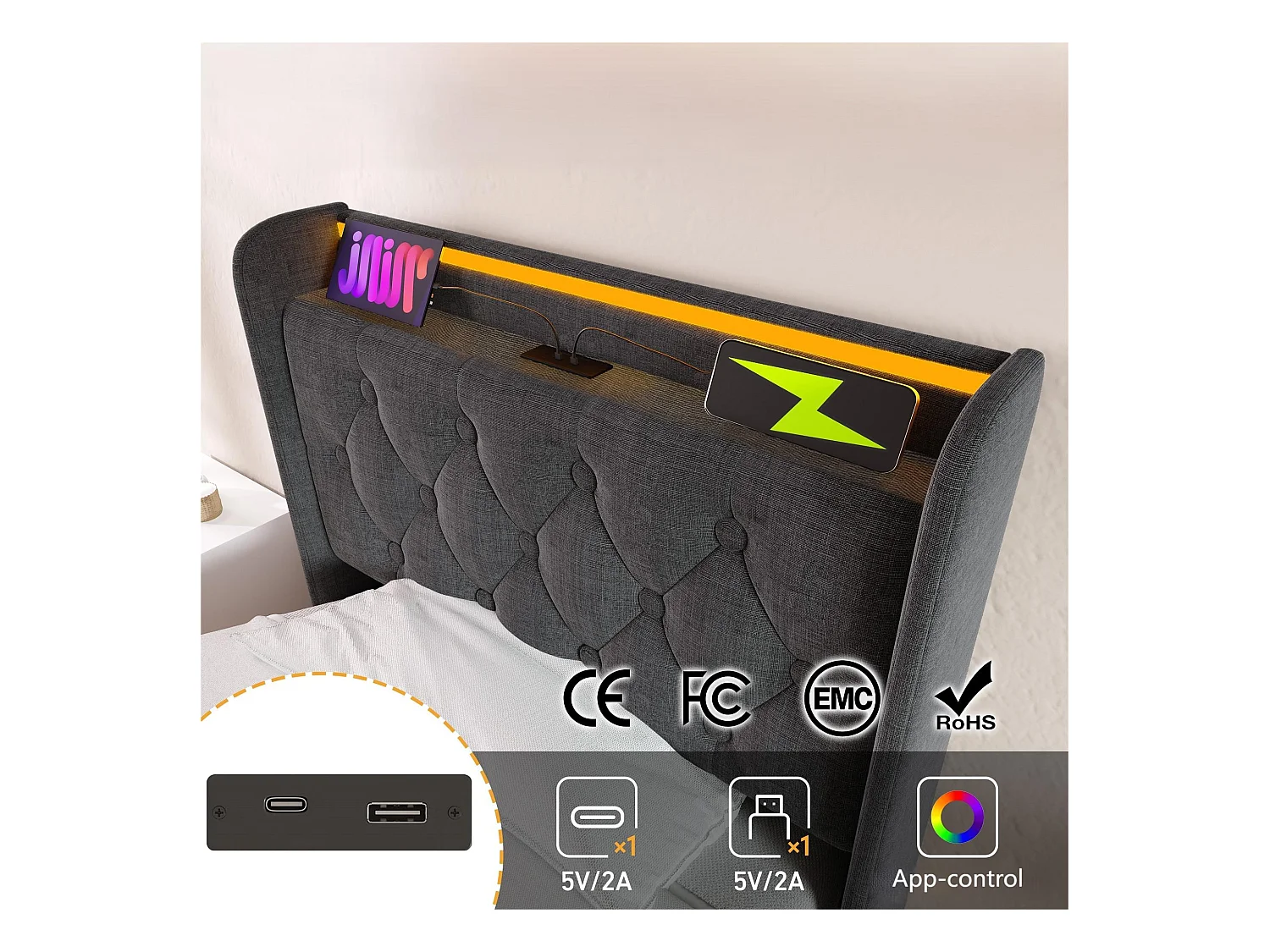 Cama canapé de lino de 90x200 cm - con LED y enchufes USB y tipo C - Gris