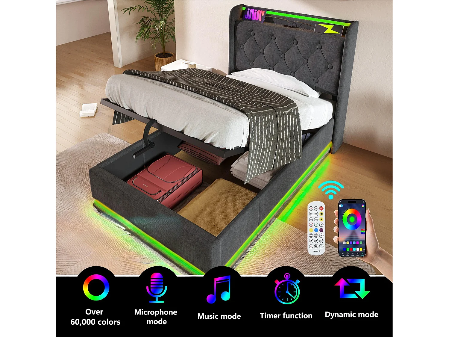 90 x 200 cm großes Bett mit Stauraum aus Leinen – mit LED und USB- und Typ-C-Anschlüssen – Grau