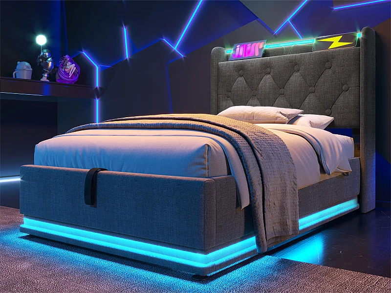 Lit coffre 90x200cm en lin - avec LED et prises USB & Type-C - Gris