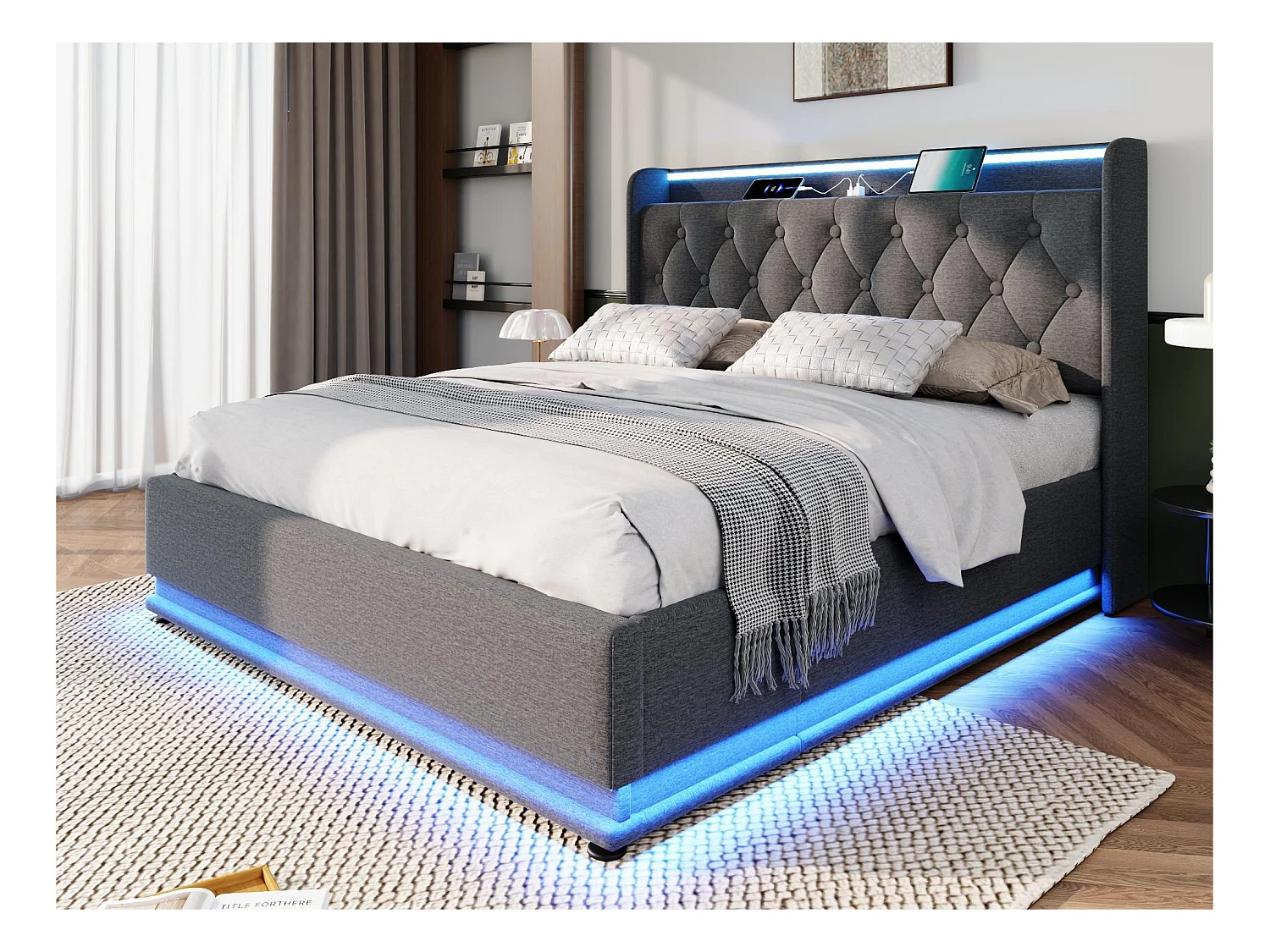 Lit coffre 180x200cm en lin - avec LED et prises USB & Type-C - Gris