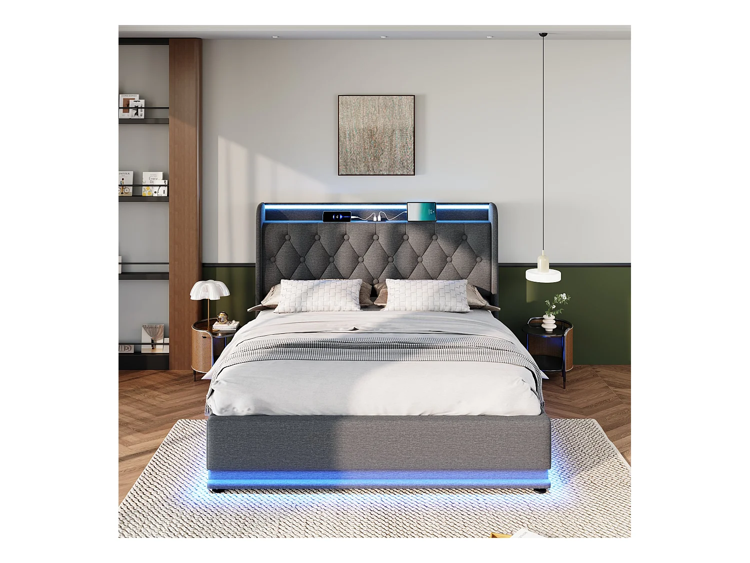 Cama con almacenaje de lino de 180x200 cm - con LED y enchufes USB y tipo C - Gris