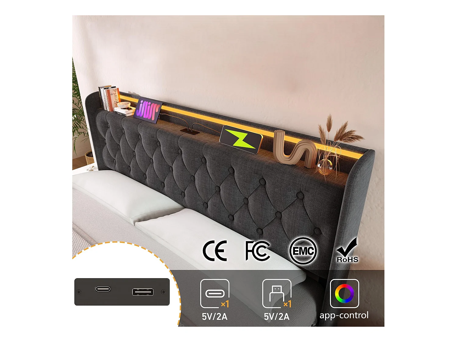 Cama con almacenaje de lino de 180x200 cm - con LED y enchufes USB y tipo C - Gris