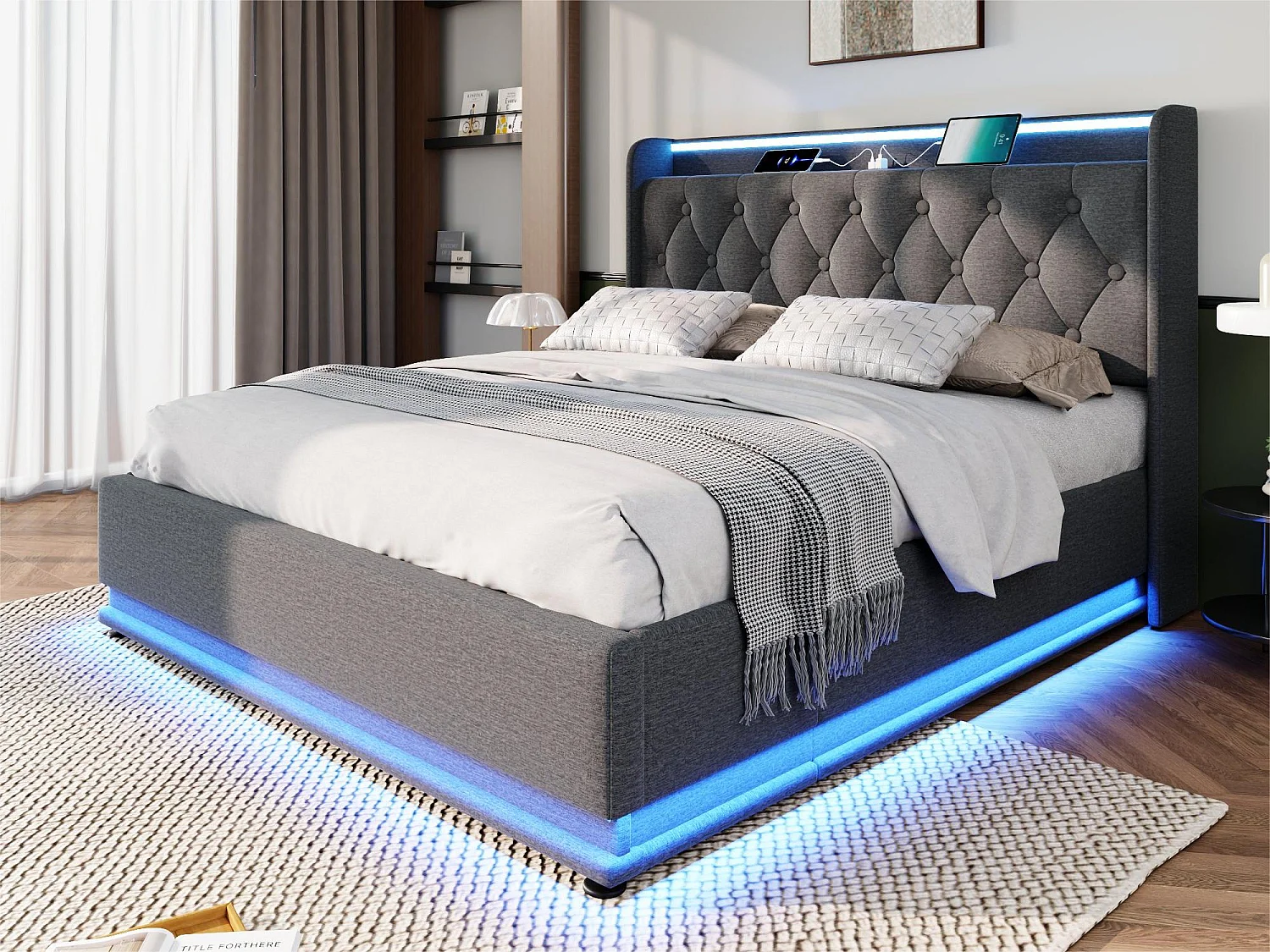 Linnenopbergbed 180x200cm - met LED- en USB- en Type-C-aansluitingen - Grijs