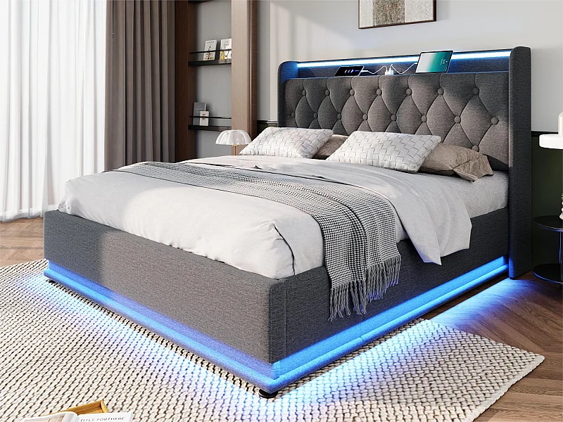 180 x 200 cm großes Bett mit Stauraum aus Leinen – mit LED und USB- und Typ-C-Anschlüssen – Grau