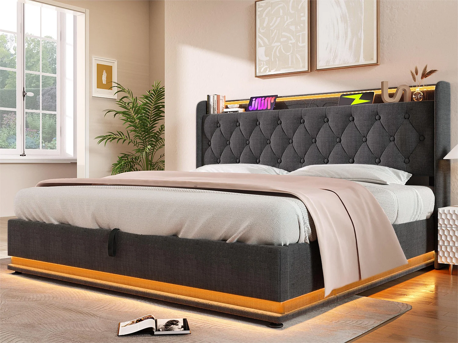 Bett mit Stauraum aus Leinen, 160 x 200 cm – mit LED und USB- und Typ-C-Anschlüssen – Grau