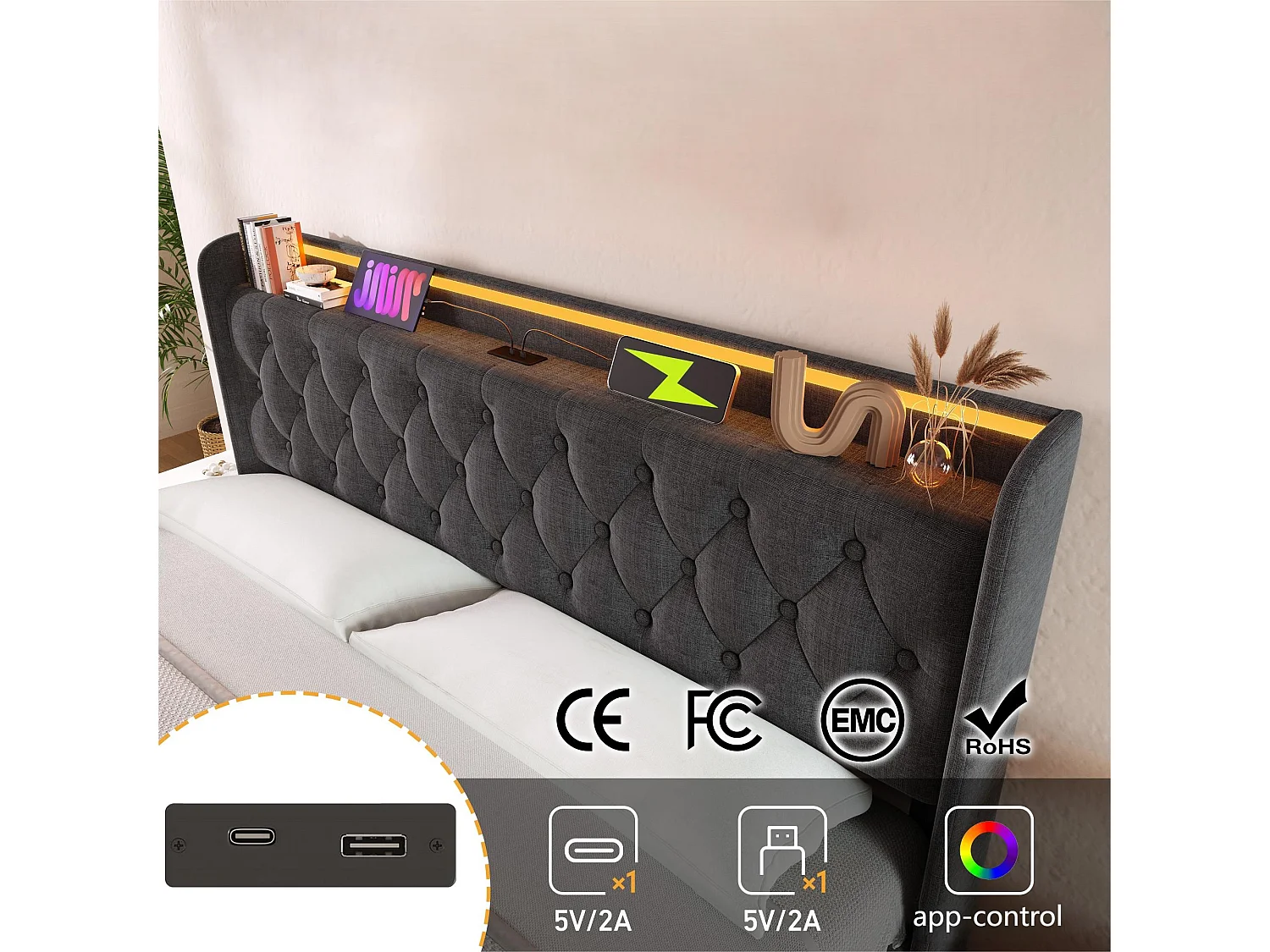 Bett mit Stauraum aus Leinen, 160 x 200 cm – mit LED und USB- und Typ-C-Anschlüssen – Grau