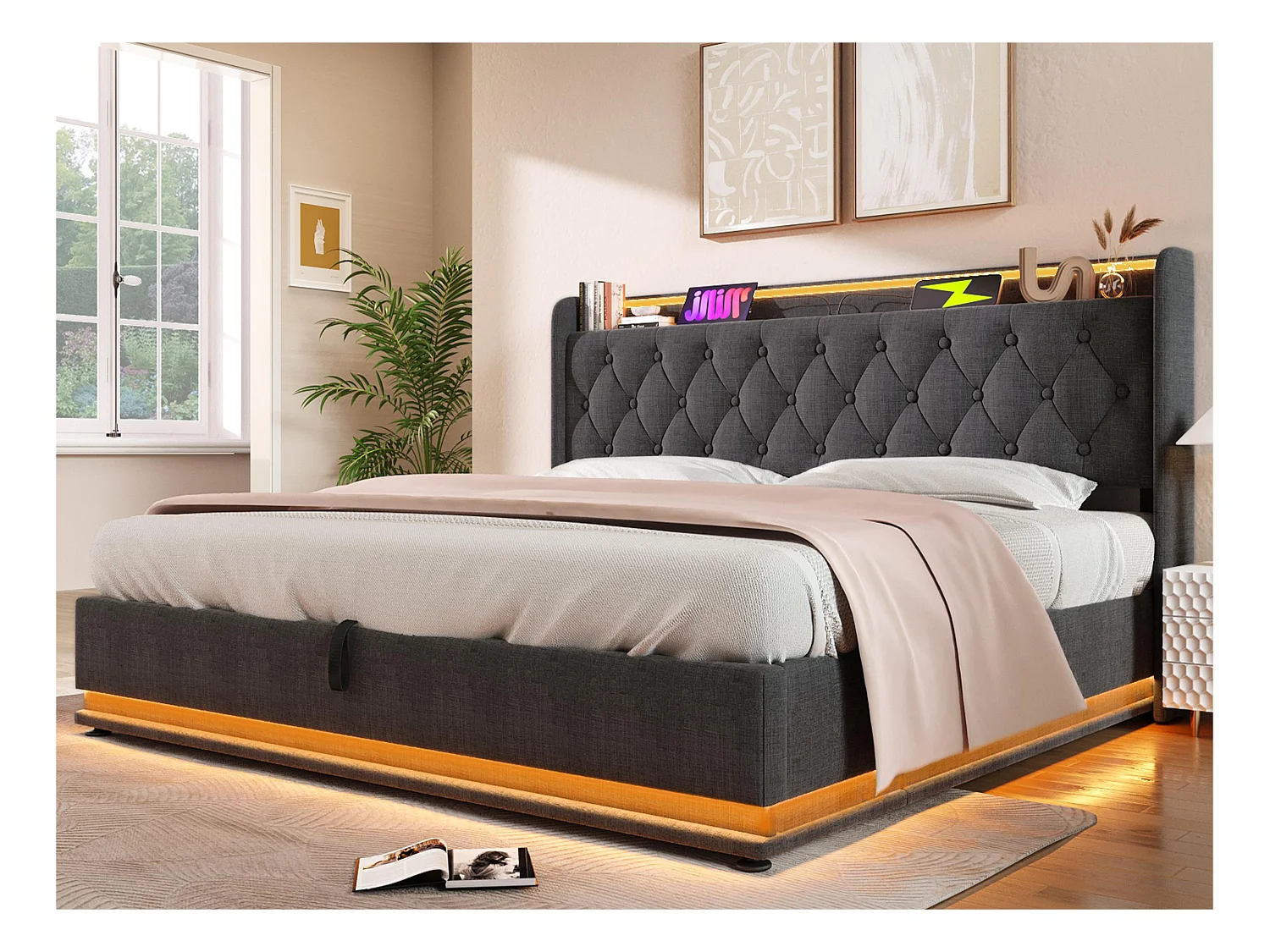 Lit coffre 160x200cm en lin - avec LED et prises USB & Type-C - Gris