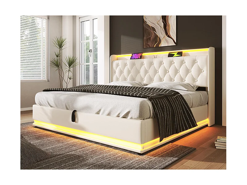 160 x 200 cm großes Stauraumbett aus Kunstleder – mit LED und USB- und Typ-C-Anschlüssen – Weiß