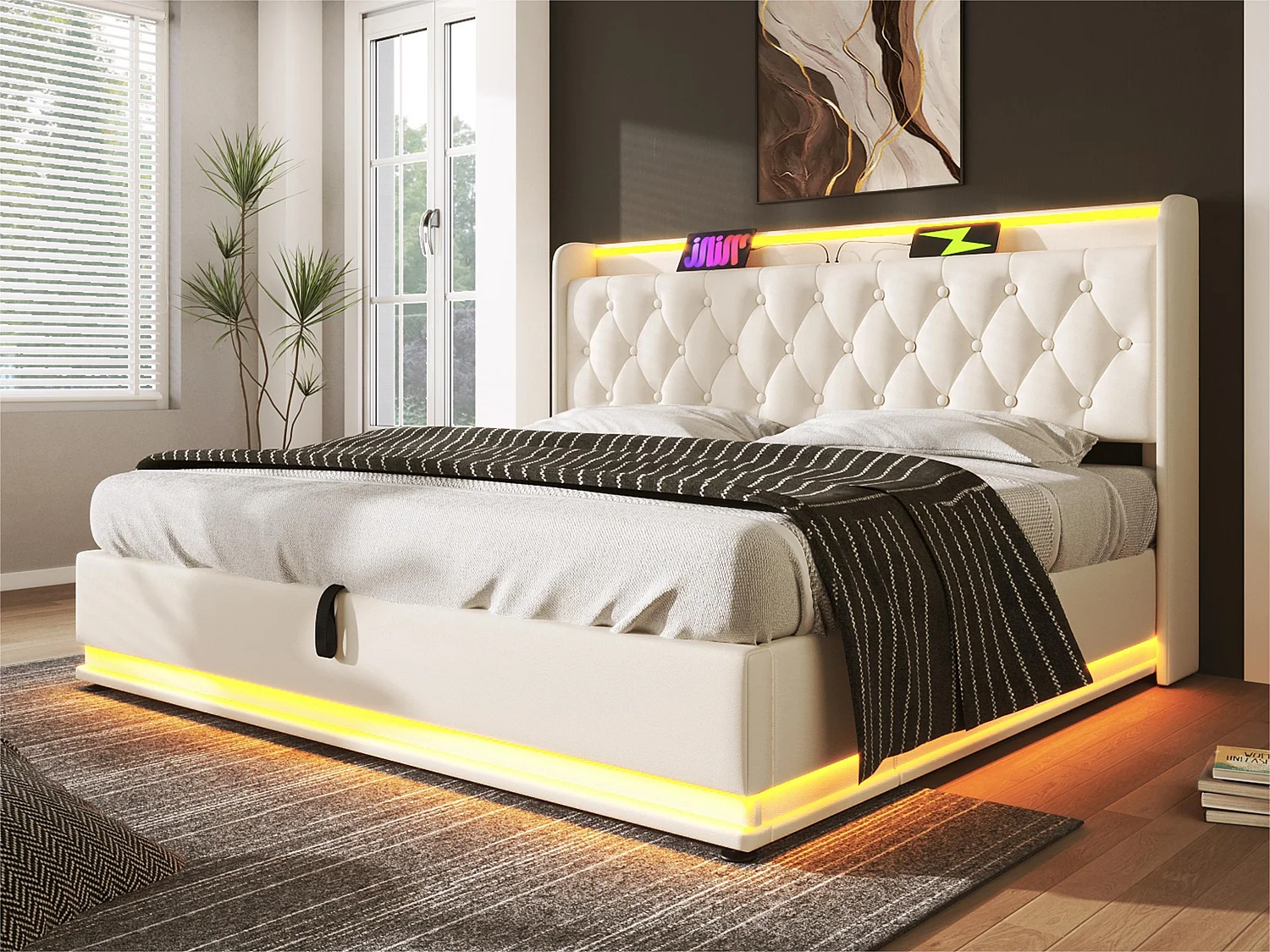 Cama de arrumação em pele sintética 160x200cm - com LED e tomadas USB e tipo C - Branco
