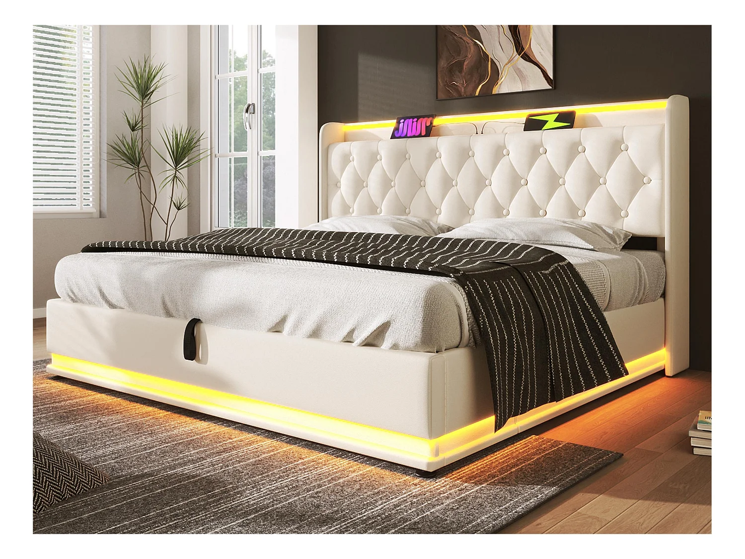 Lit coffre 140x200cm en similicuir - avec LED et prises USB & Type-C - Blanc