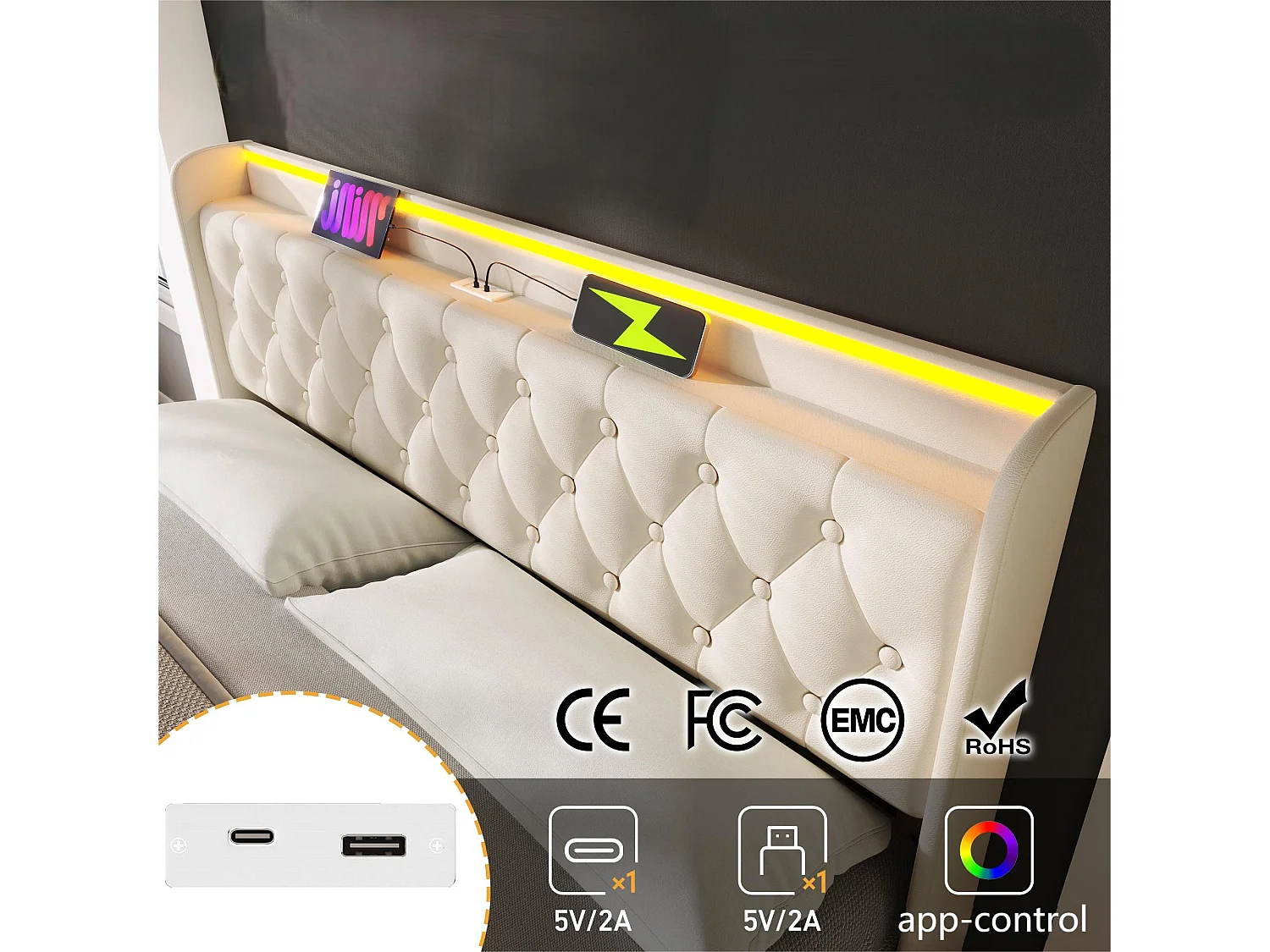 Opbergbed van kunstleer 140x200cm - met LED- en USB- en Type-C-aansluitingen - Wit