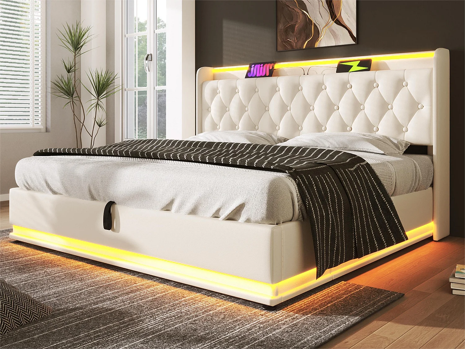 Opbergbed van kunstleer 140x200cm - met LED- en USB- en Type-C-aansluitingen - Wit