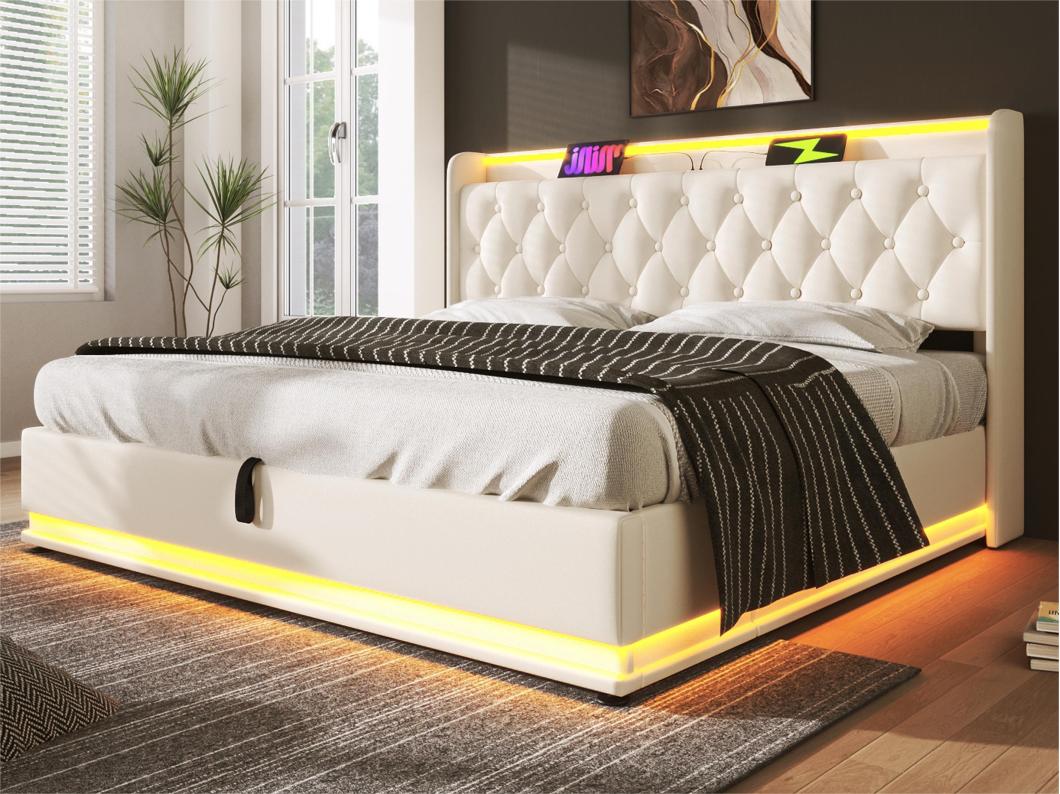 Cama con almacenaje de piel sintética de 140x200 cm - con LED y enchufes USB y tipo C - Blanco