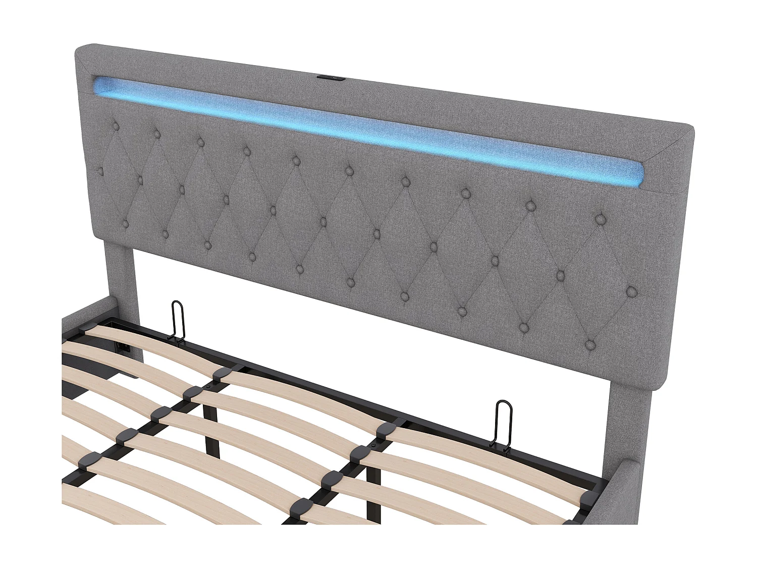 Cama con almacenaje acolchada 180x200 cm - con LED que cambia de color y tomas USB - Gris