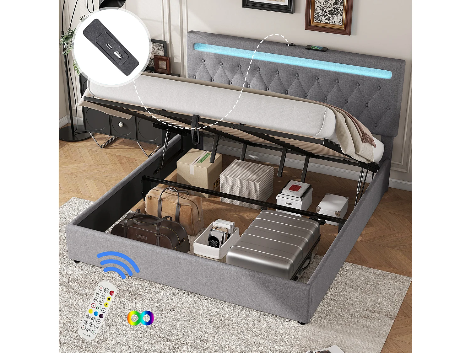 Letto contenitore imbottito 180x200 cm - con LED che cambia colore e prese USB - Grigio