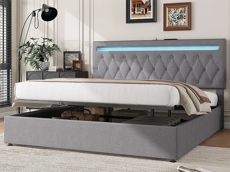 Gewatteerd opbergbed 180x200cm - met kleurwisselende LED en USB-aansluitingen - Grijs