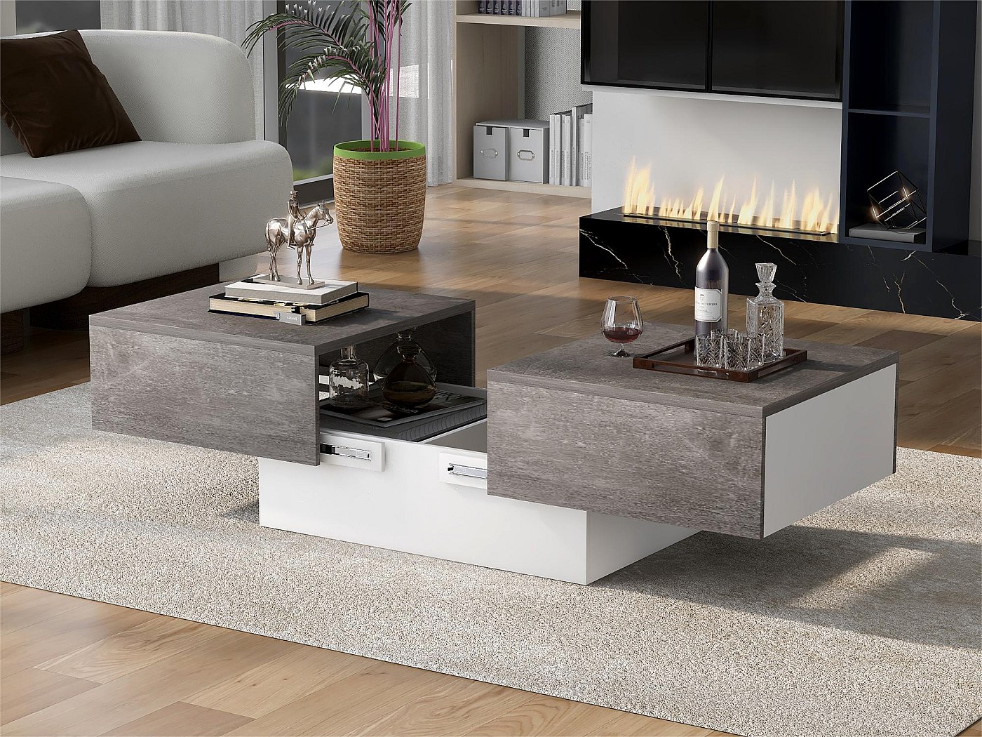 Table basse extensible avec coffre de rangement - table coulissante - Gris