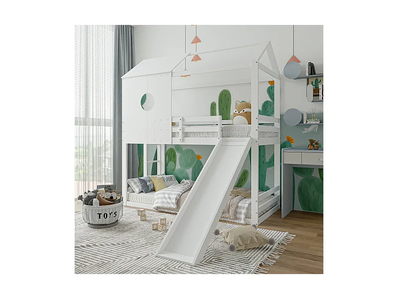 Massivholz Etagenbett 90x200 cm - mit Rutsche und Leiter und Lattenrost - Weiß