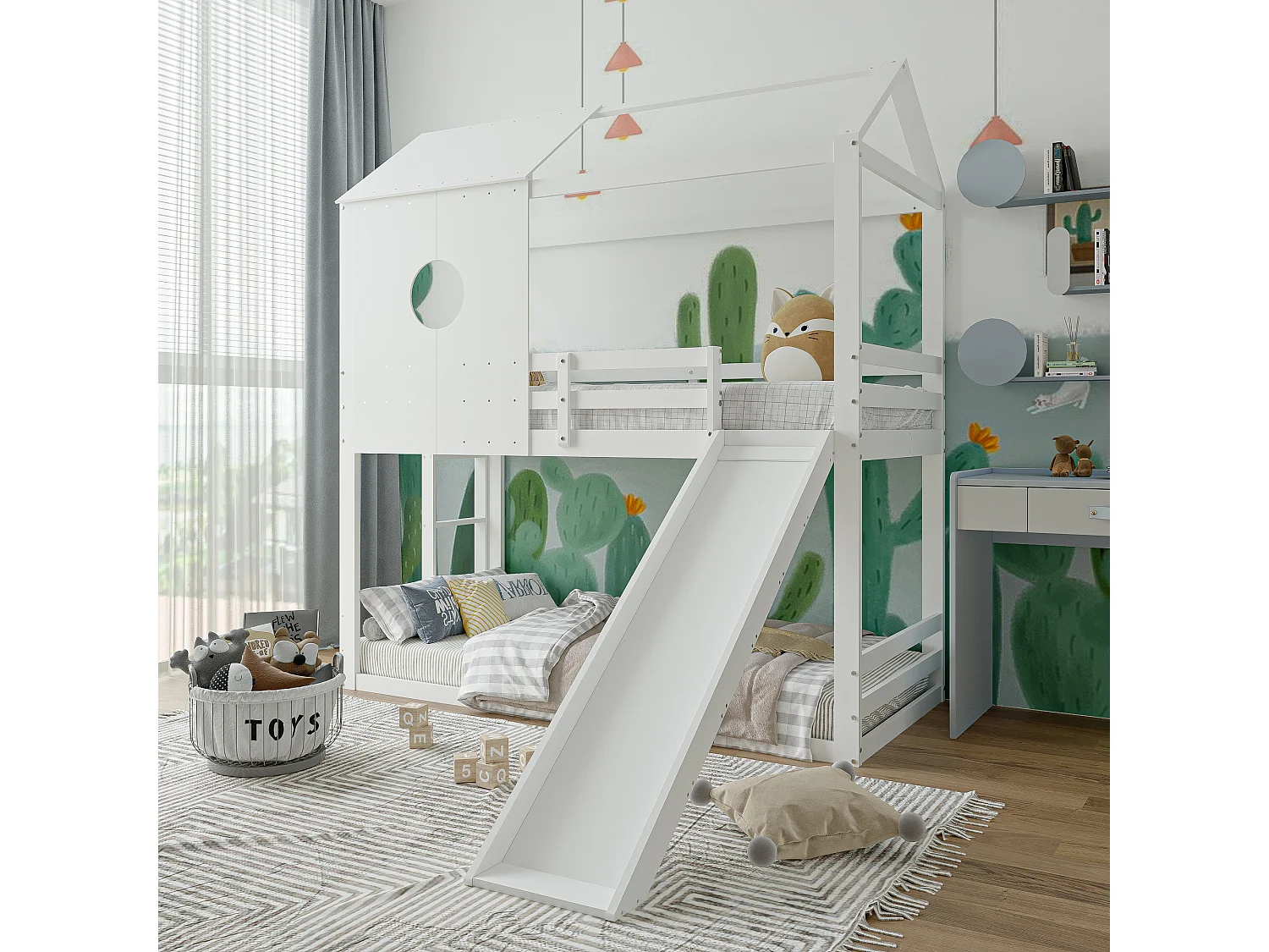 Massivholz Etagenbett 90x200 cm - mit Rutsche und Leiter und Lattenrost - Weiß