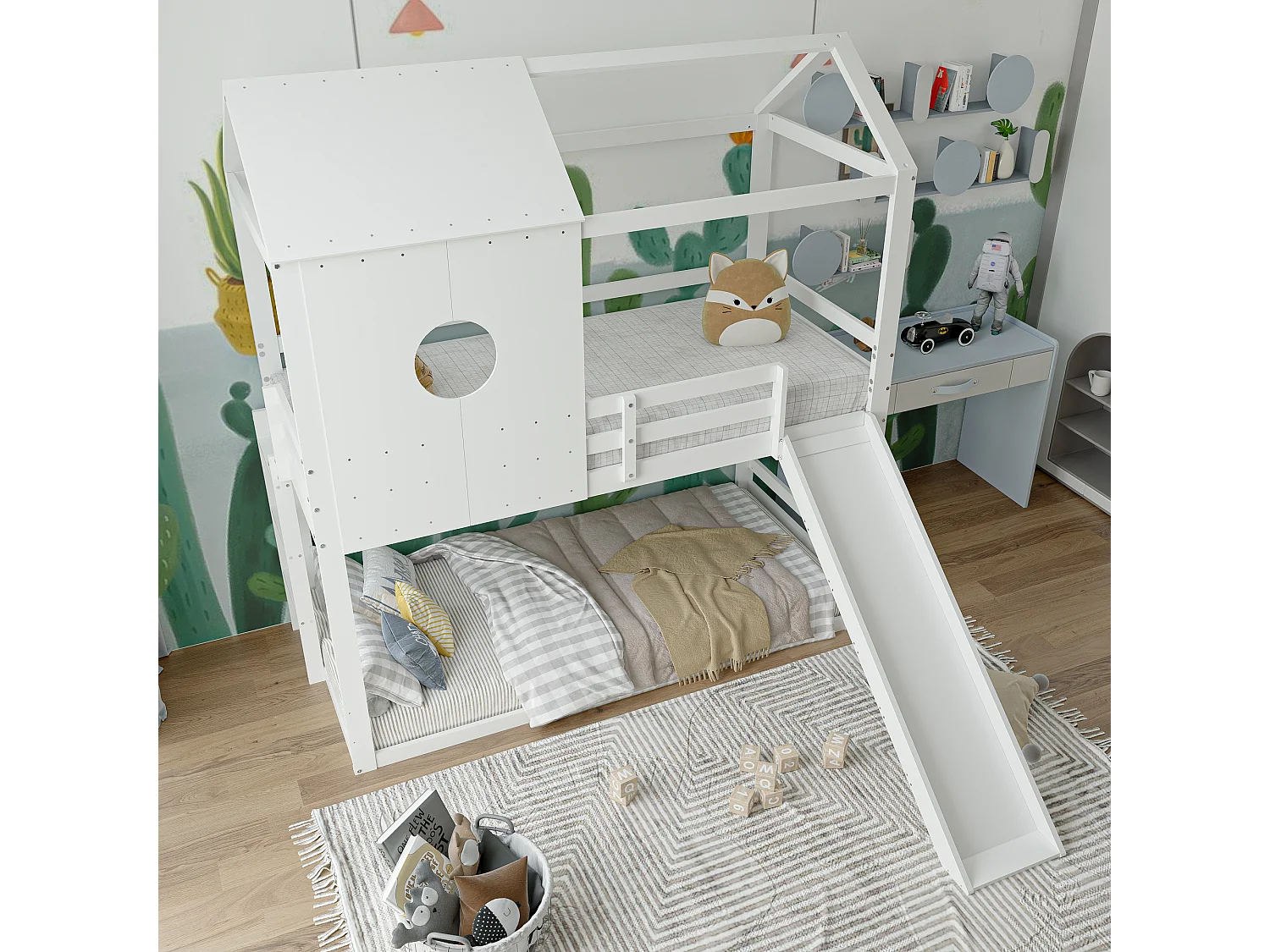 Massivholz Etagenbett 90x200 cm - mit Rutsche und Leiter und Lattenrost - Weiß