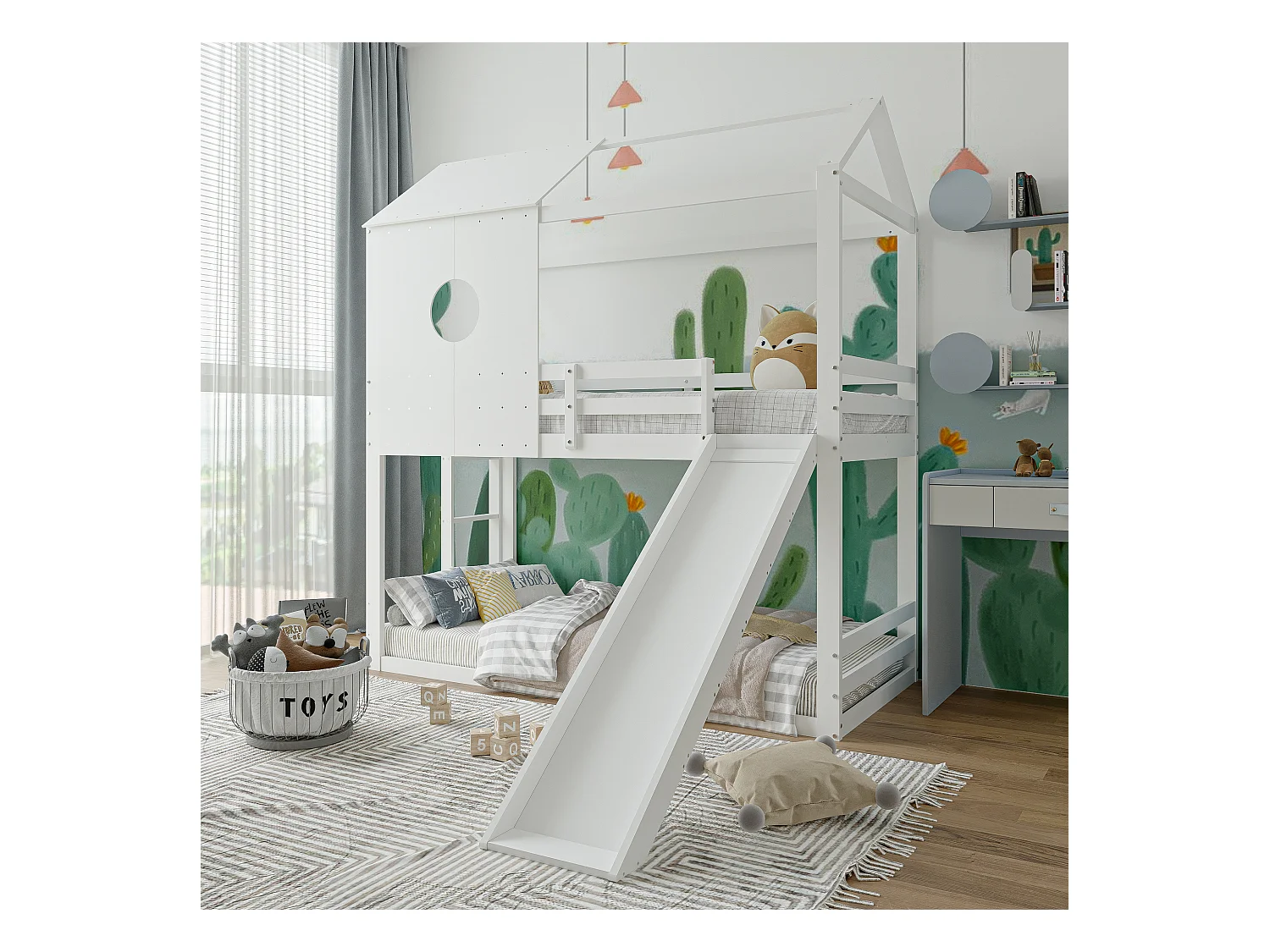Stapelbed van massief hout 90x200 cm - met glijbaan en ladder en lattenbodem - Wit