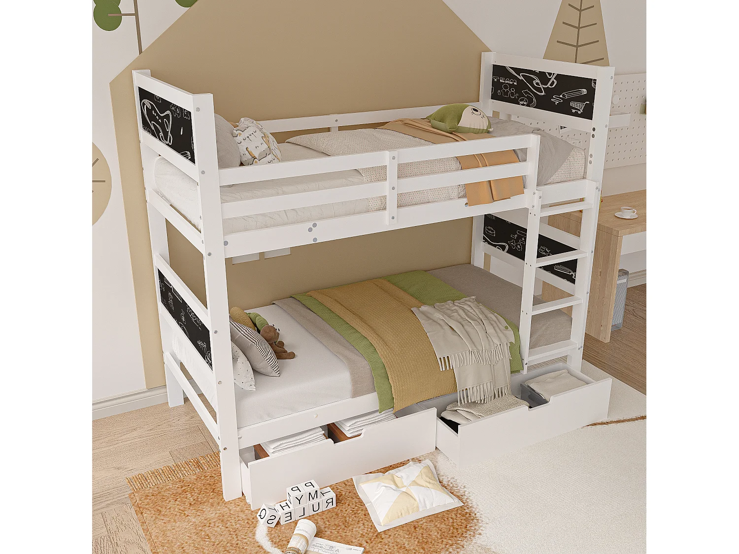 Lit superposé pour enfant - 90x200 cm - avec 4 tableau noir et 2 tiroirs - avec sommiers à lattes - Blanc