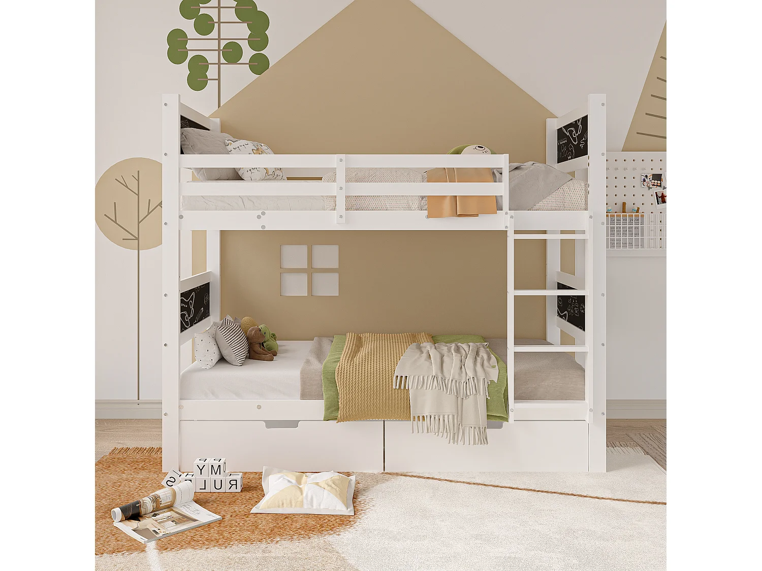 Lit superposé pour enfant - 90x200 cm - avec 4 tableau noir et 2 tiroirs - avec sommiers à lattes - Blanc
