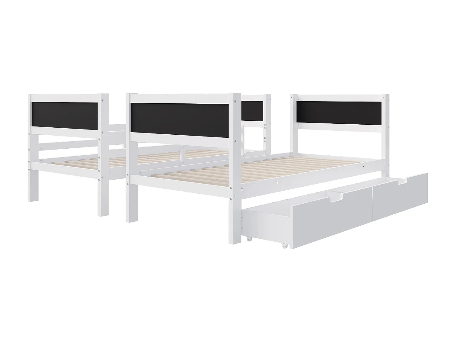 Lit superposé pour enfant - 90x200 cm - avec 4 tableau noir et 2 tiroirs - avec sommiers à lattes - Blanc