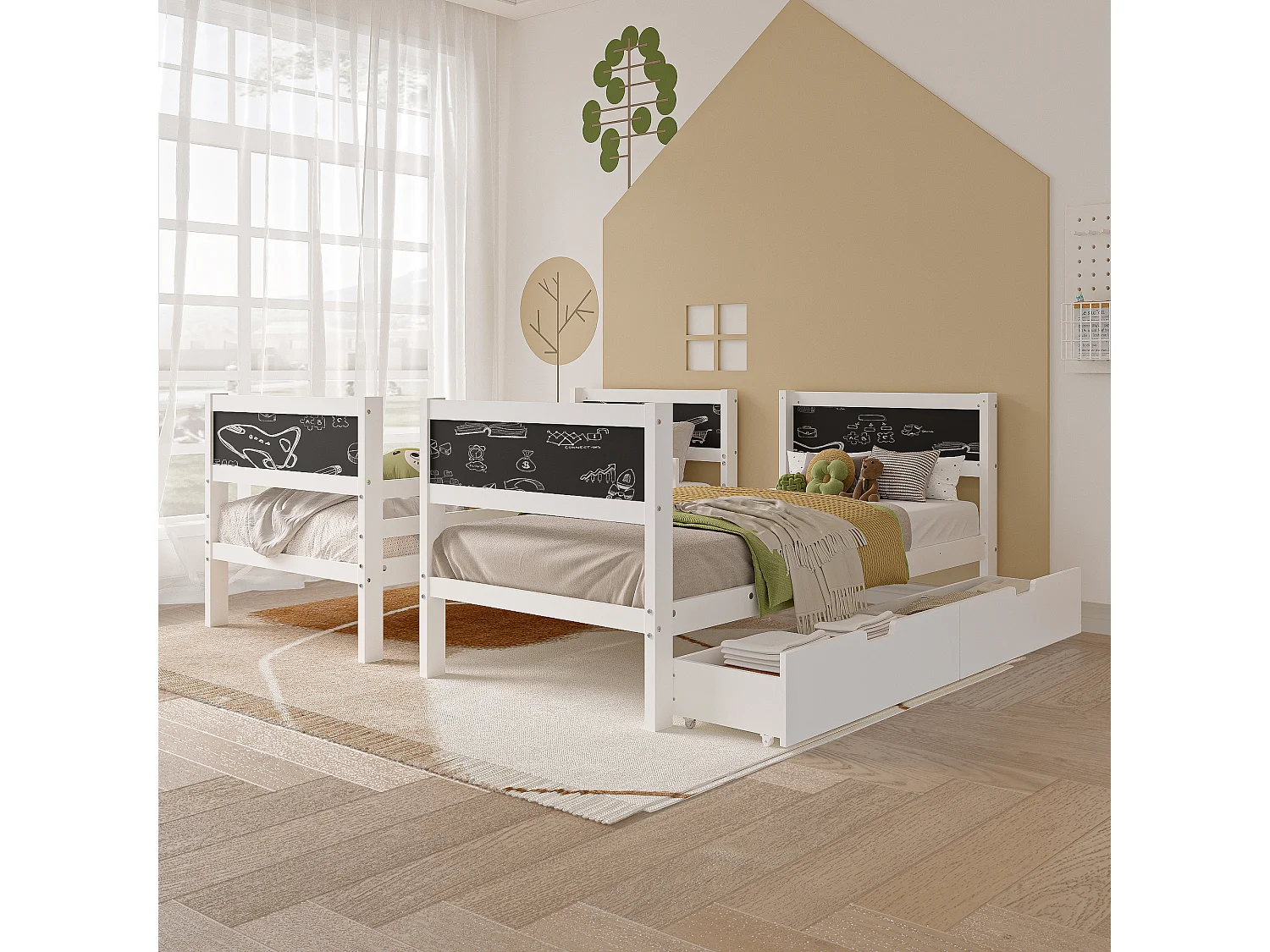 Lit superposé pour enfant - 90x200 cm - avec 4 tableau noir et 2 tiroirs - avec sommiers à lattes - Blanc