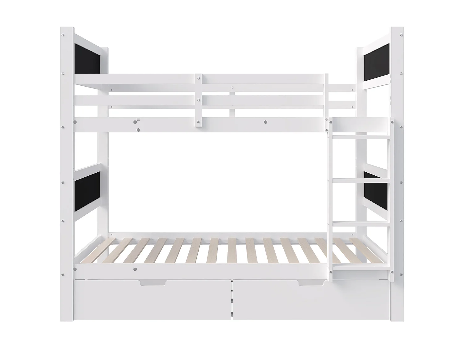 Lit superposé pour enfant - 90x200 cm - avec 4 tableau noir et 2 tiroirs - avec sommiers à lattes - Blanc
