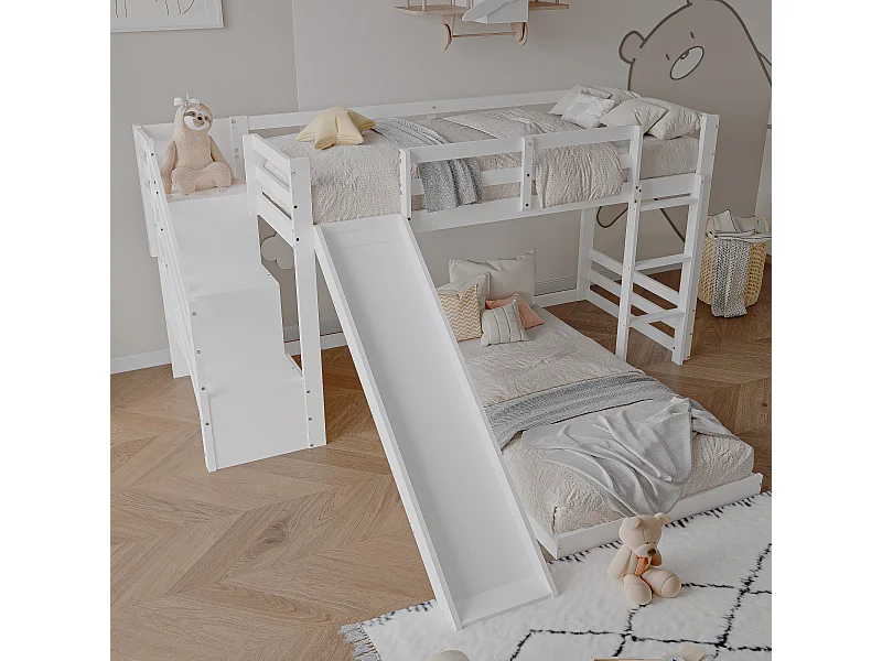 Letto a castello in legno massello - 90x200cm - con barriera, scaletta e scivolo - Bianco