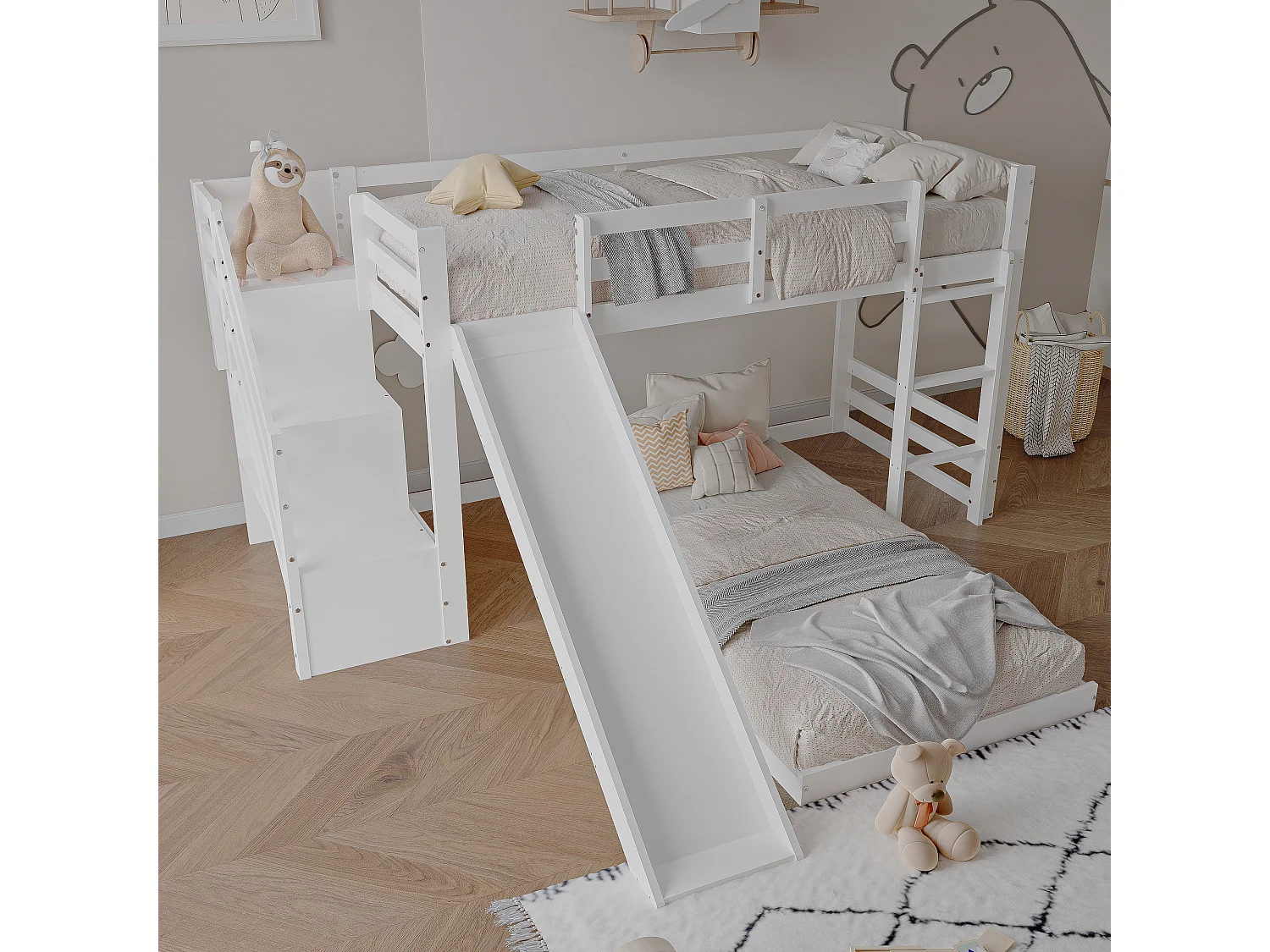 Lit superposé en bois massif - 90x200cm - avec barrière, échelle et toboggan - Blanc