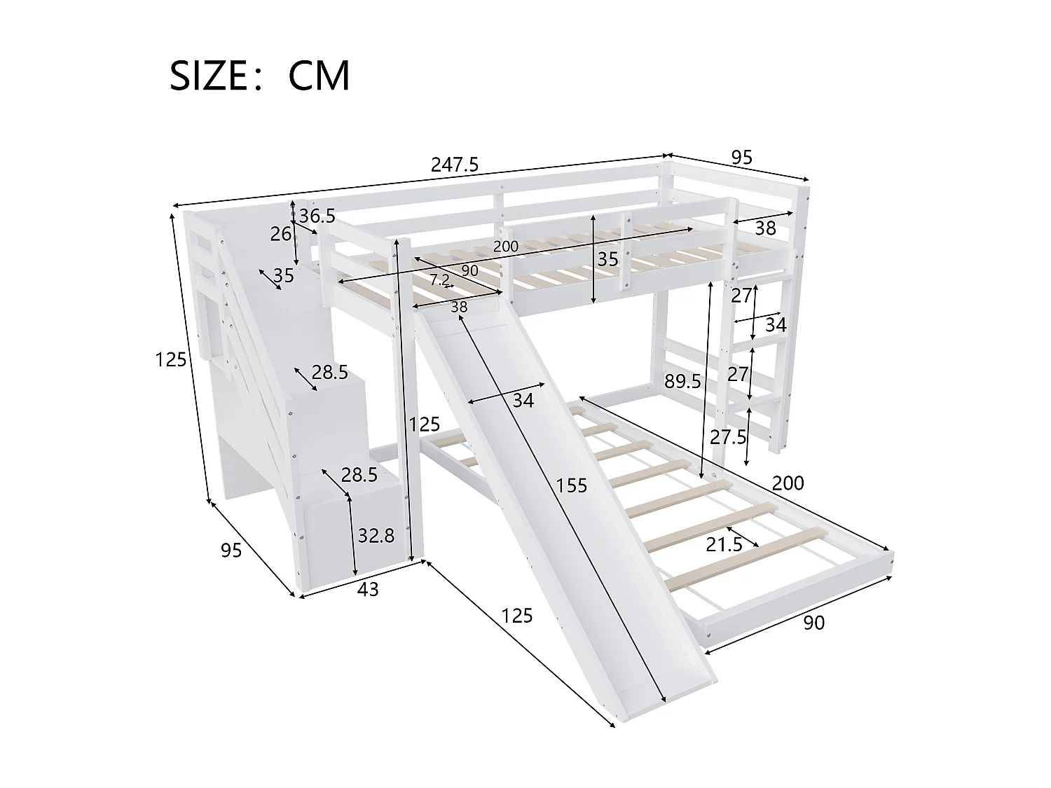 Lit superposé en bois massif - 90x200cm - avec barrière, échelle et toboggan - Blanc
