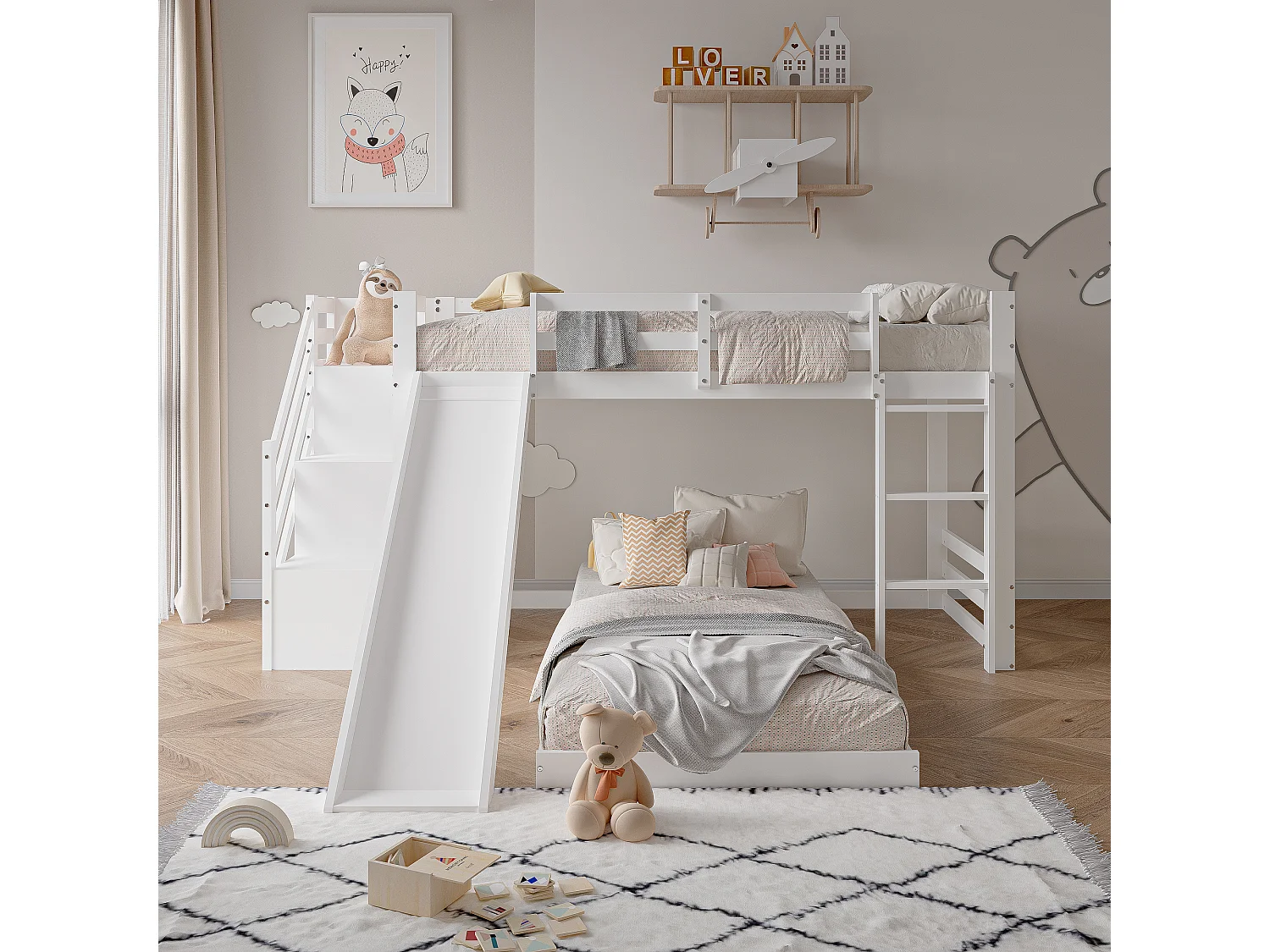 Lit superposé en bois massif - 90x200cm - avec barrière, échelle et toboggan - Blanc