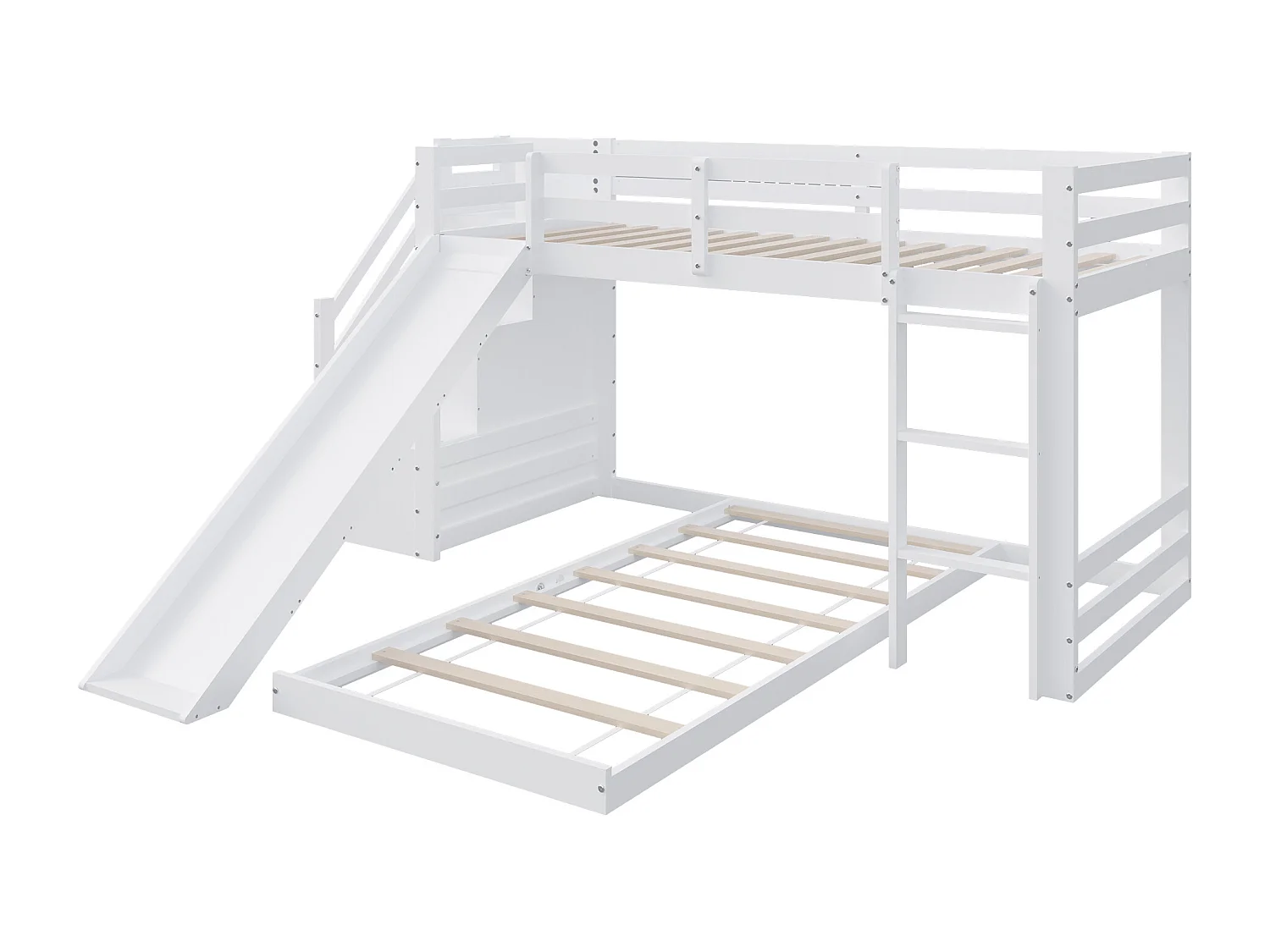 Lit superposé en bois massif - 90x200cm - avec barrière, échelle et toboggan - Blanc
