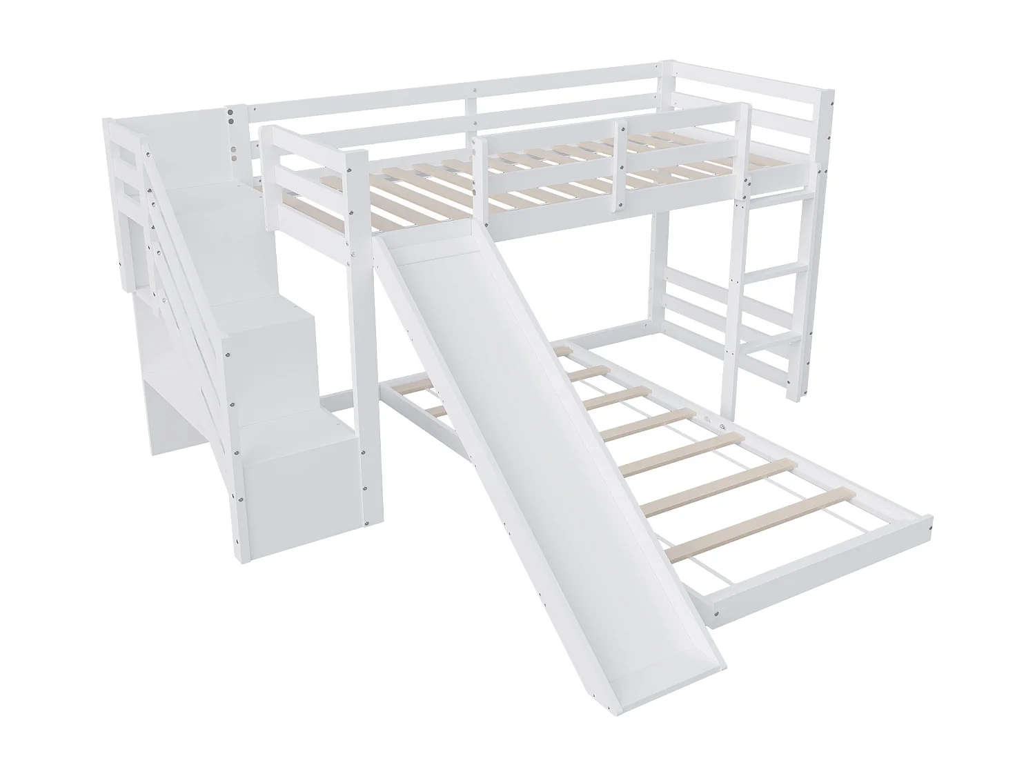 Lit superposé en bois massif - 90x200cm - avec barrière, échelle et toboggan - Blanc