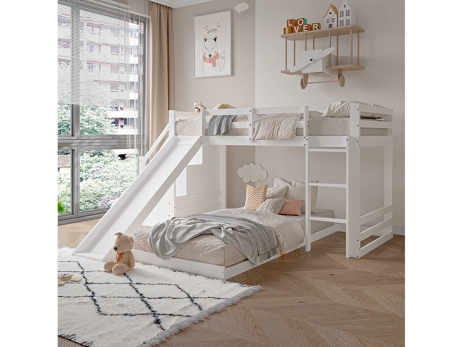 Massivholz-Etagenbett - 90x200cm - mit Rausfallschutz, Leiter und Rutsche - Weiß