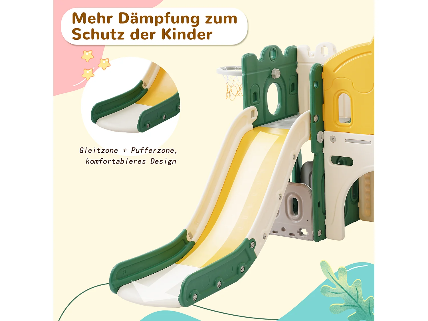 6 em 1 Kids Slide - Com cesto de basquetebol, escorrega, torre de escalada, HDPE (bolas do mar não excluídas) - Verde