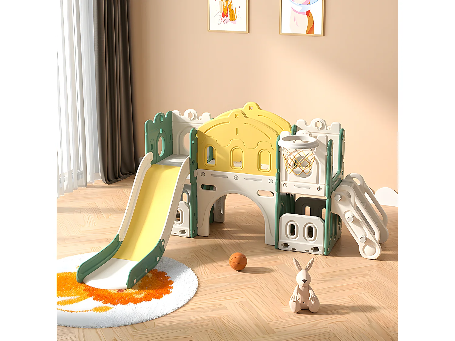 6 em 1 Kids Slide - Com cesto de basquetebol, escorrega, torre de escalada, HDPE (bolas do mar não excluídas) - Verde