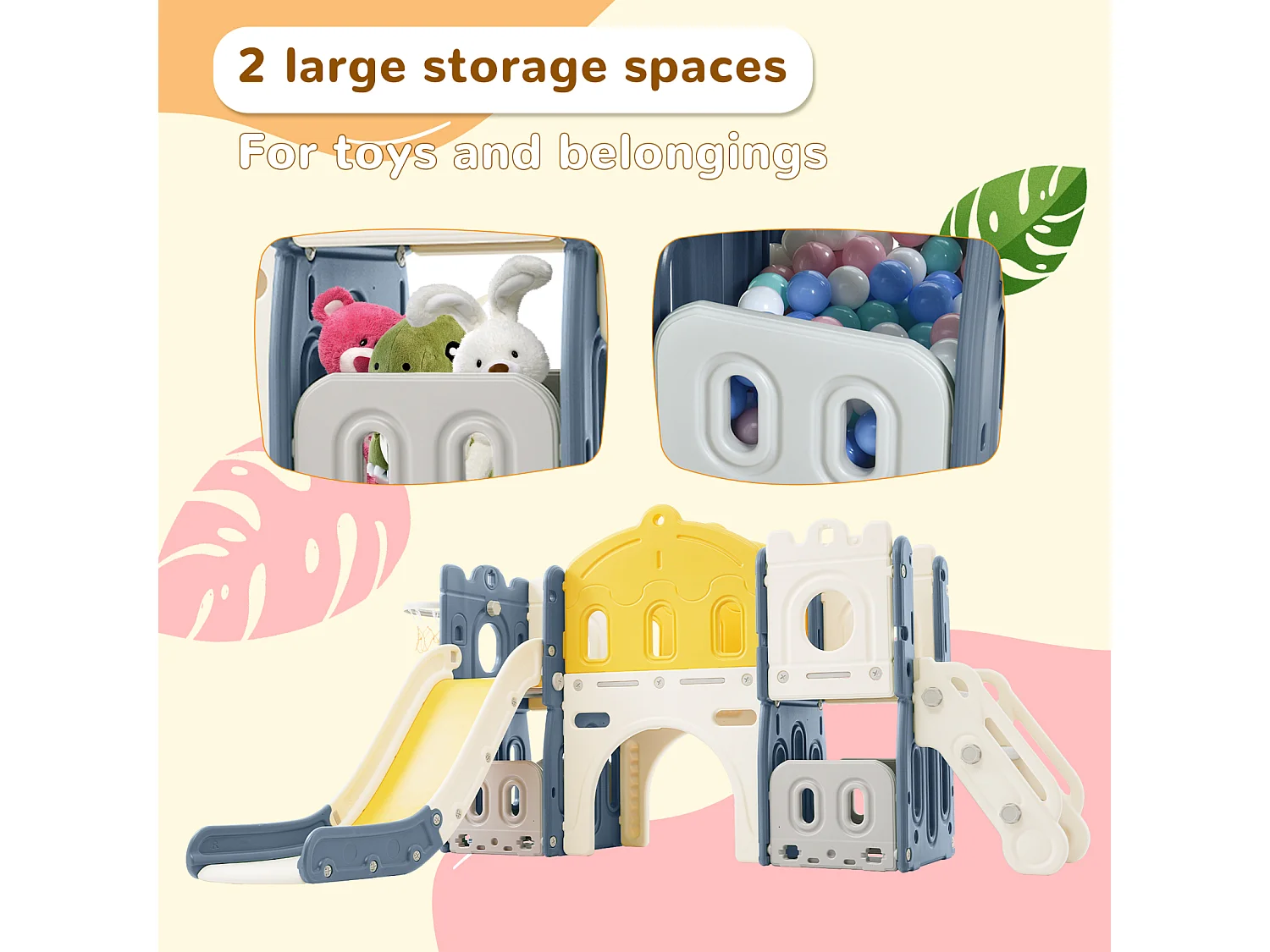 6 in 1 kinderglijbaan - met basketbalring, glijbaan, klimtoren, HDPE (zeeballen niet uitgesloten) - Blauw