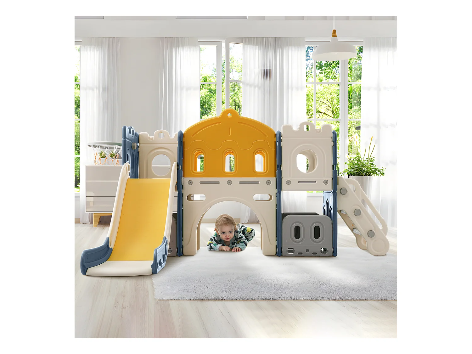 6-in-1-Rutsche für Kinder – mit Basketballkorb, Rutsche, Kletterturm, HDPE (Seebälle nicht ausgeschlossen) – Blau