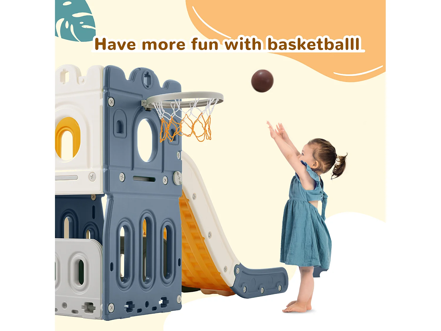6-in-1-Rutsche für Kinder – mit Basketballkorb, Rutsche, Kletterturm, HDPE (Seebälle nicht ausgeschlossen) – Blau