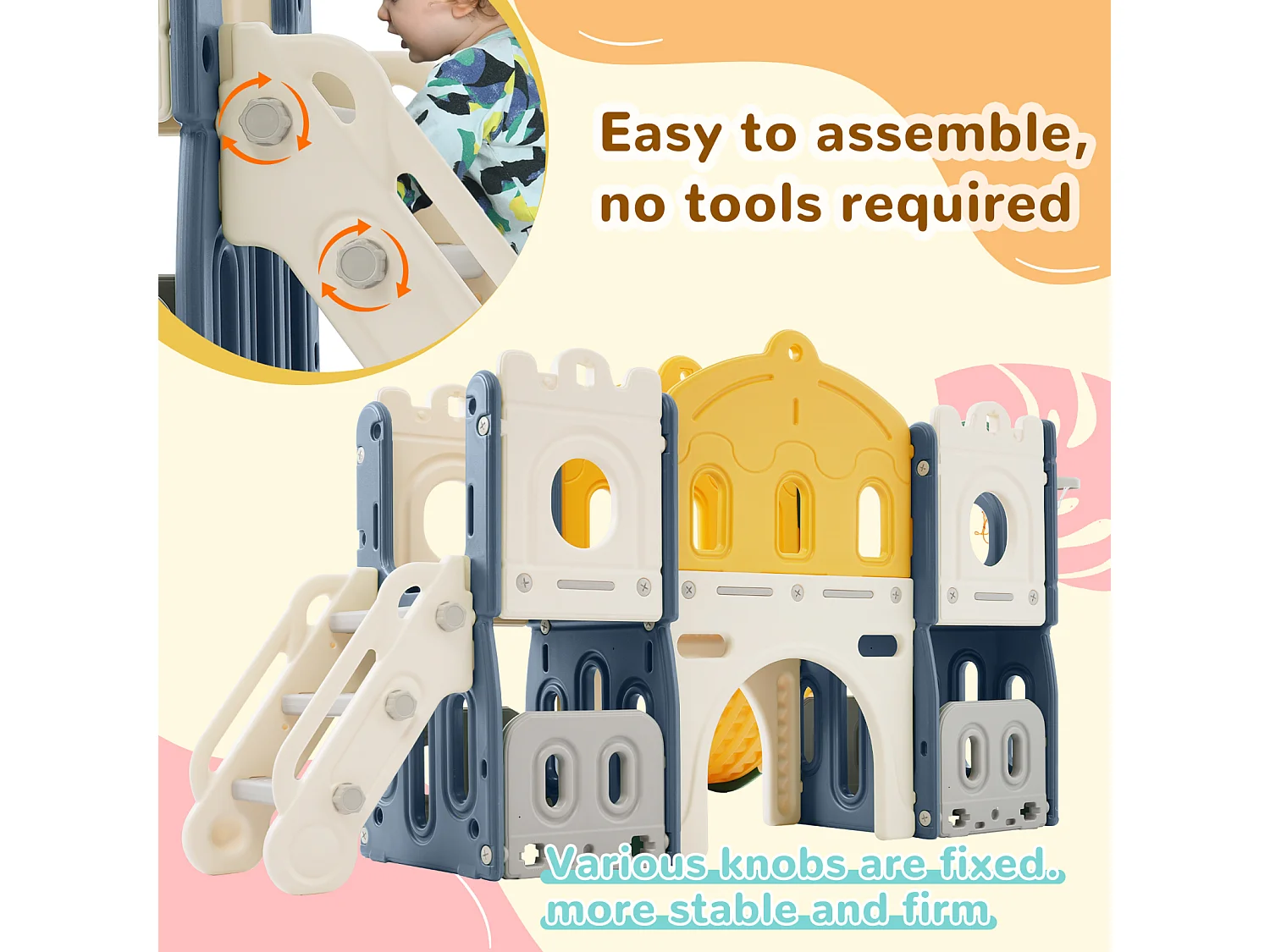 6-in-1-Rutsche für Kinder – mit Basketballkorb, Rutsche, Kletterturm, HDPE (Seebälle nicht ausgeschlossen) – Blau