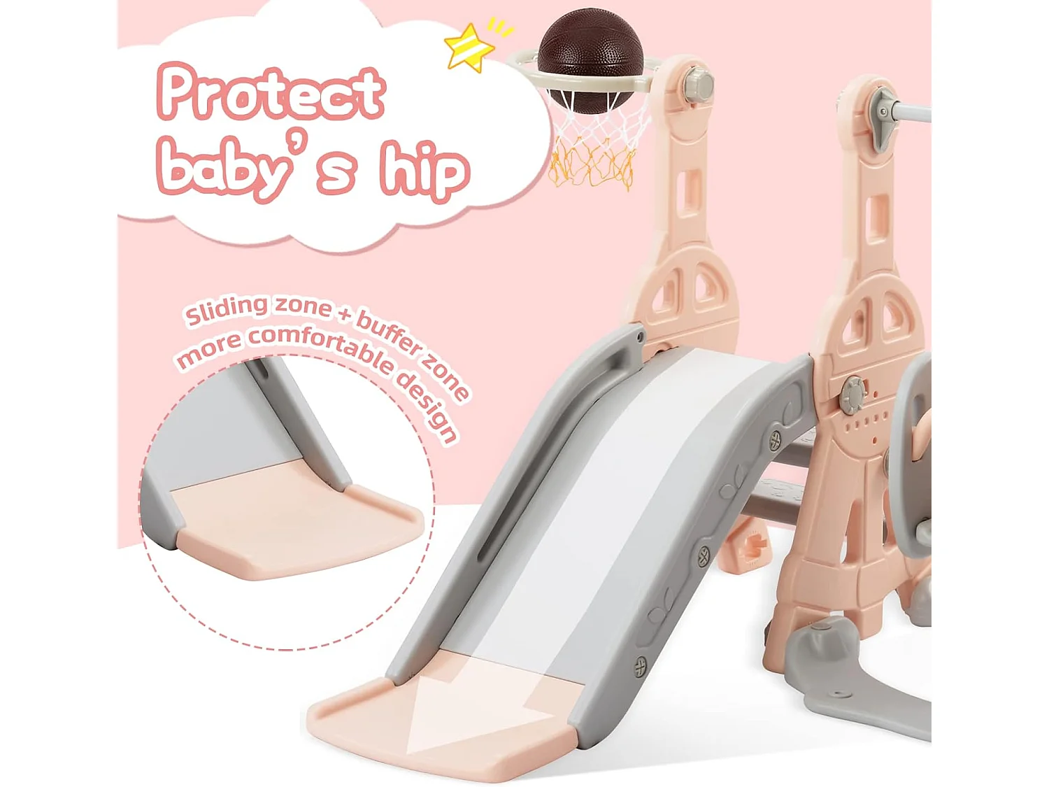 Conjunto de baloiço infantil com escorrega, escada e baloiço com cesto de basquetebol - parque infantil 4 em 1 - uso interior e exterior - rosa