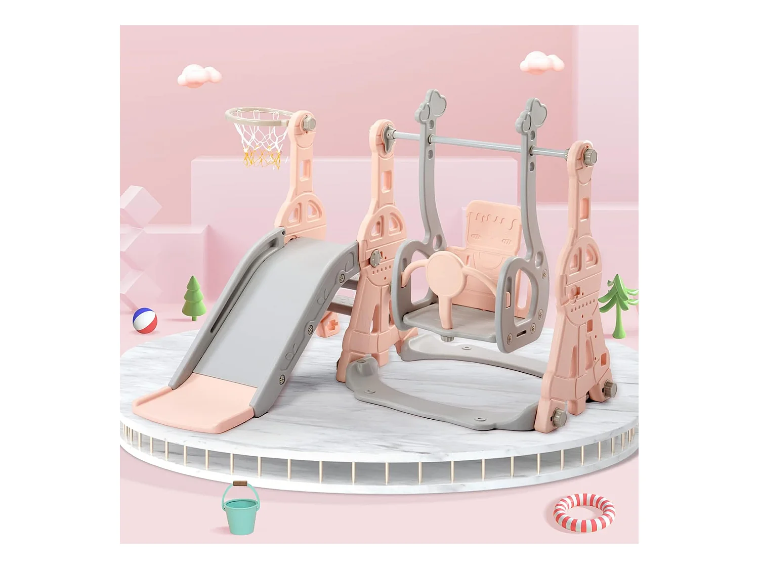 Portique enfant toboggan, echelle et balançoire avec panier de basket-ball - aire de jeux 4 en 1 - usage intérieur extérieur - Rose