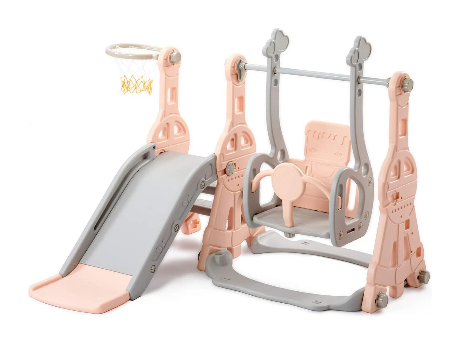 Kinderschommelset met glijbaan, ladder en schommel met basketbalring - 4 in 1 speeltuin - binnen- en buitengebruik - Roze