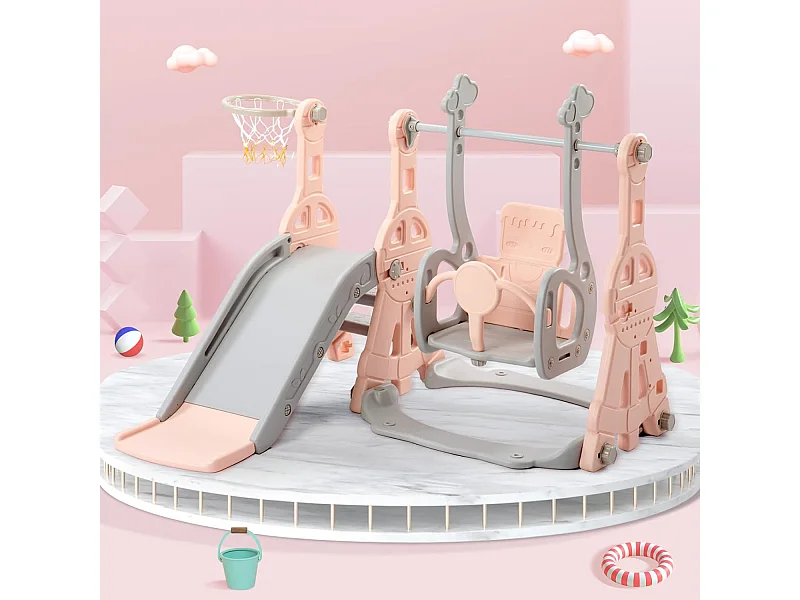 Conjunto de baloiço infantil com escorrega, escada e baloiço com cesto de basquetebol - parque infantil 4 em 1 - uso interior e exterior - rosa